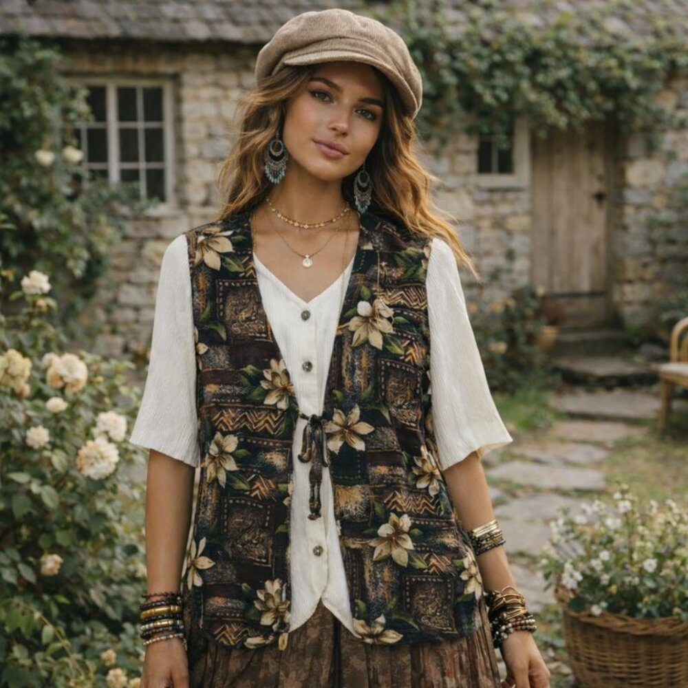 Vintage‎ Jaclyn Smith Women's Short Sleeve Shirt Built In Floral Vest Large Boho